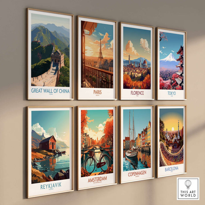 Collection of travel-inspired wall art prints featuring iconic landmarks including the Great Wall of China.