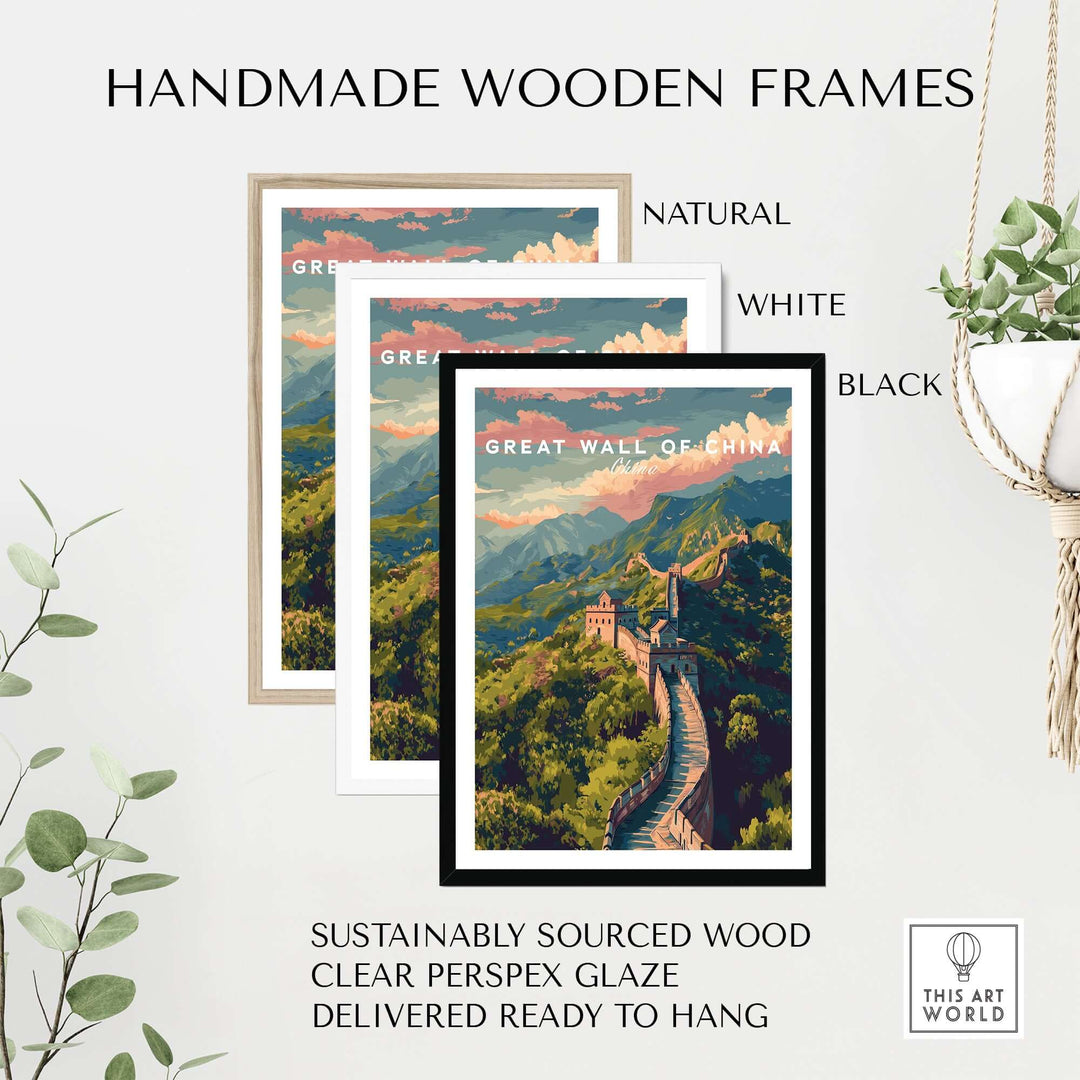 Handmade wooden frames in natural, white, and black for Great Wall of China poster, made from sustainably sourced wood.