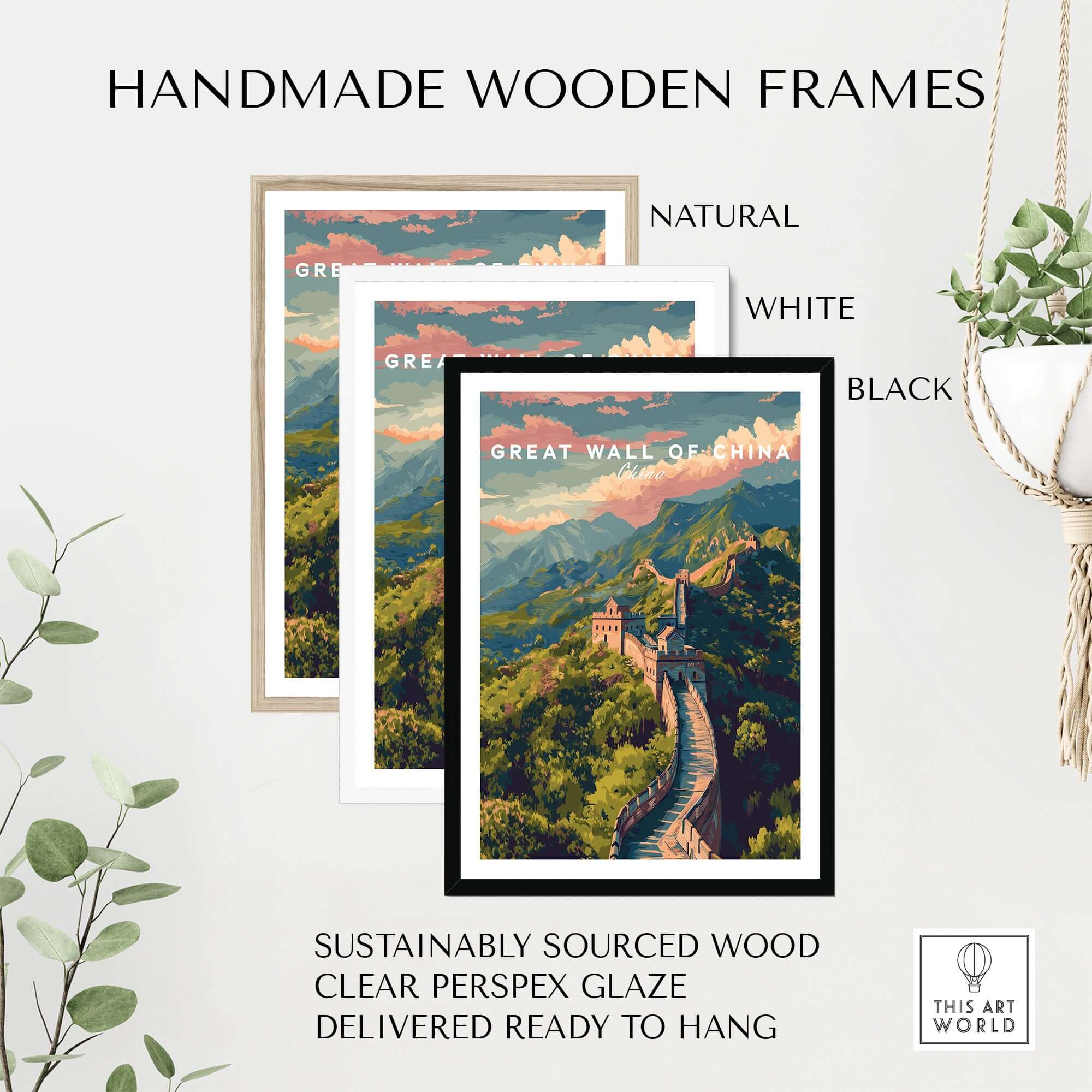 Handmade wooden frames for Great Wall of China Ancient Wonder Poster - China Heritage Art Print, natural, white, black.