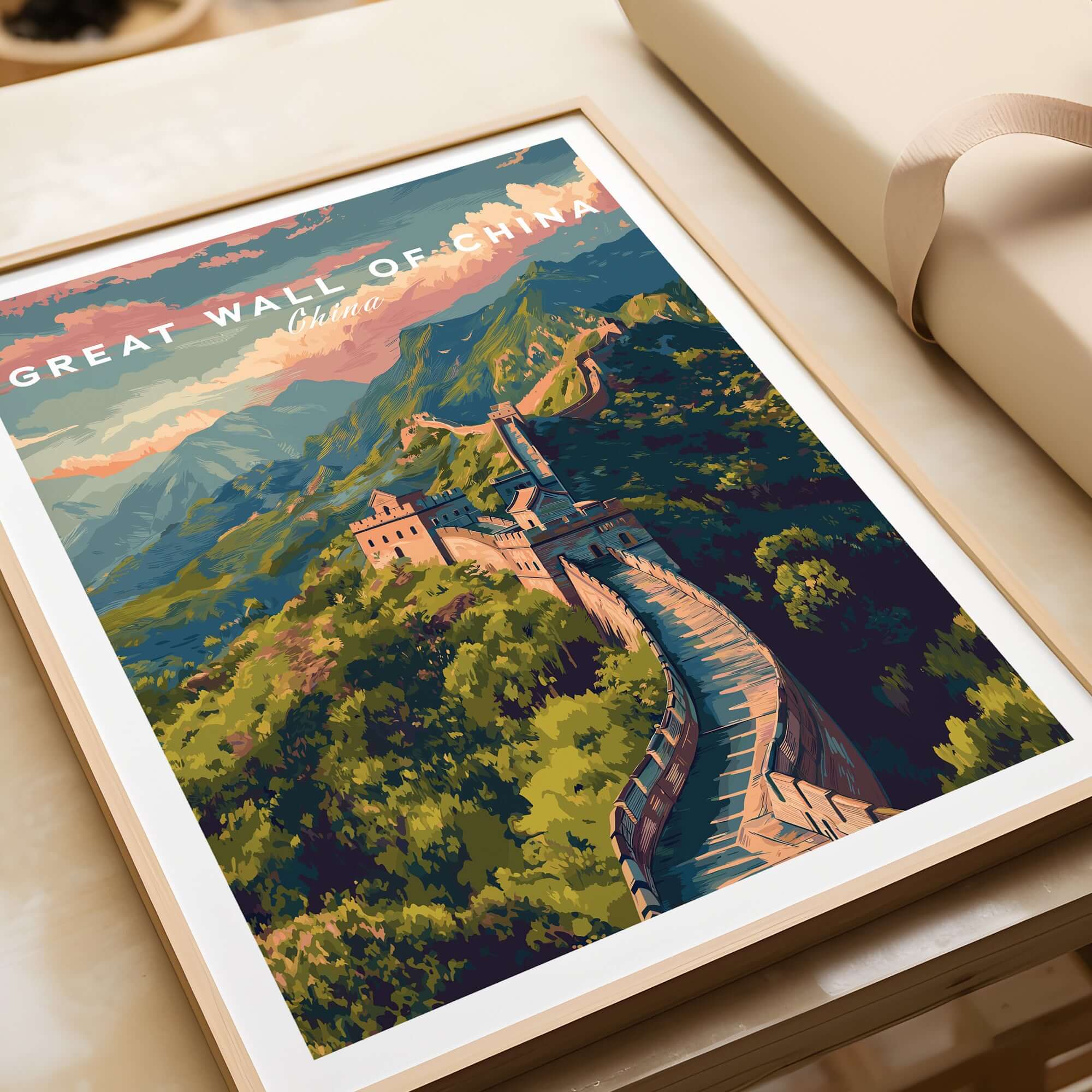 Great Wall of China Ancient Wonder Poster - China Heritage Art Print displayed in a frame with lush mountainous background.