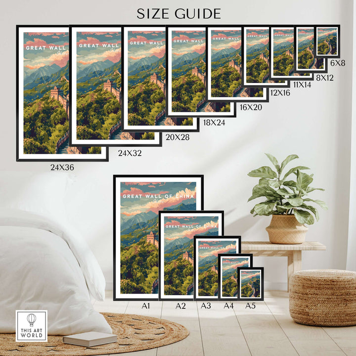 Great Wall of China poster size guide showcasing various print dimensions and designs for home decor.