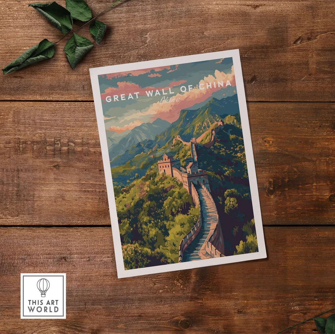 Great Wall of China poster featuring majestic architecture and scenic mountain ridges on a rustic wooden background.