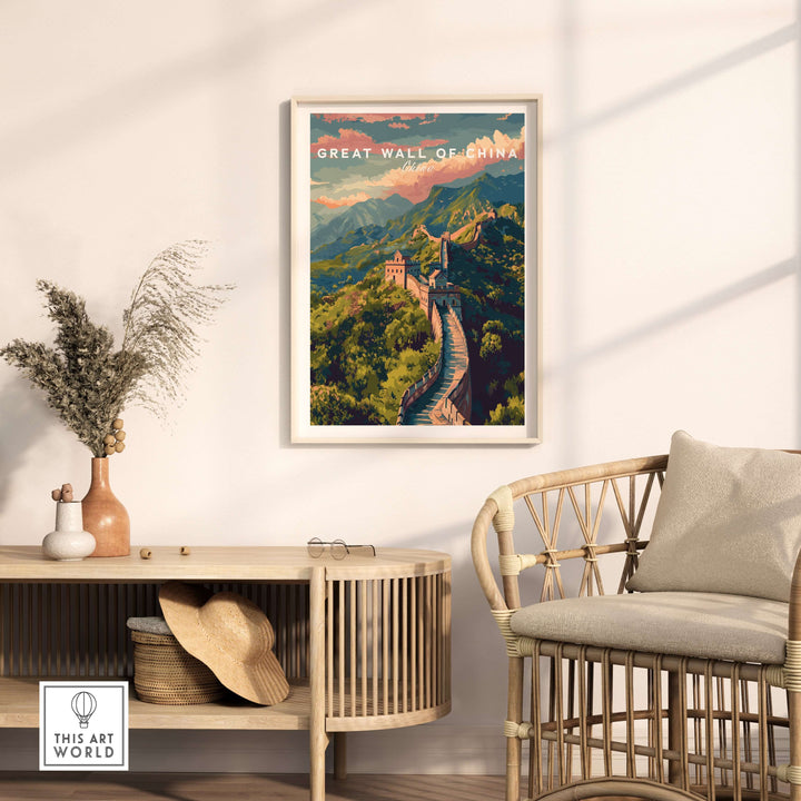 Great Wall of China poster displayed in a stylish living room, showcasing majestic Asian architecture and scenic ridges.