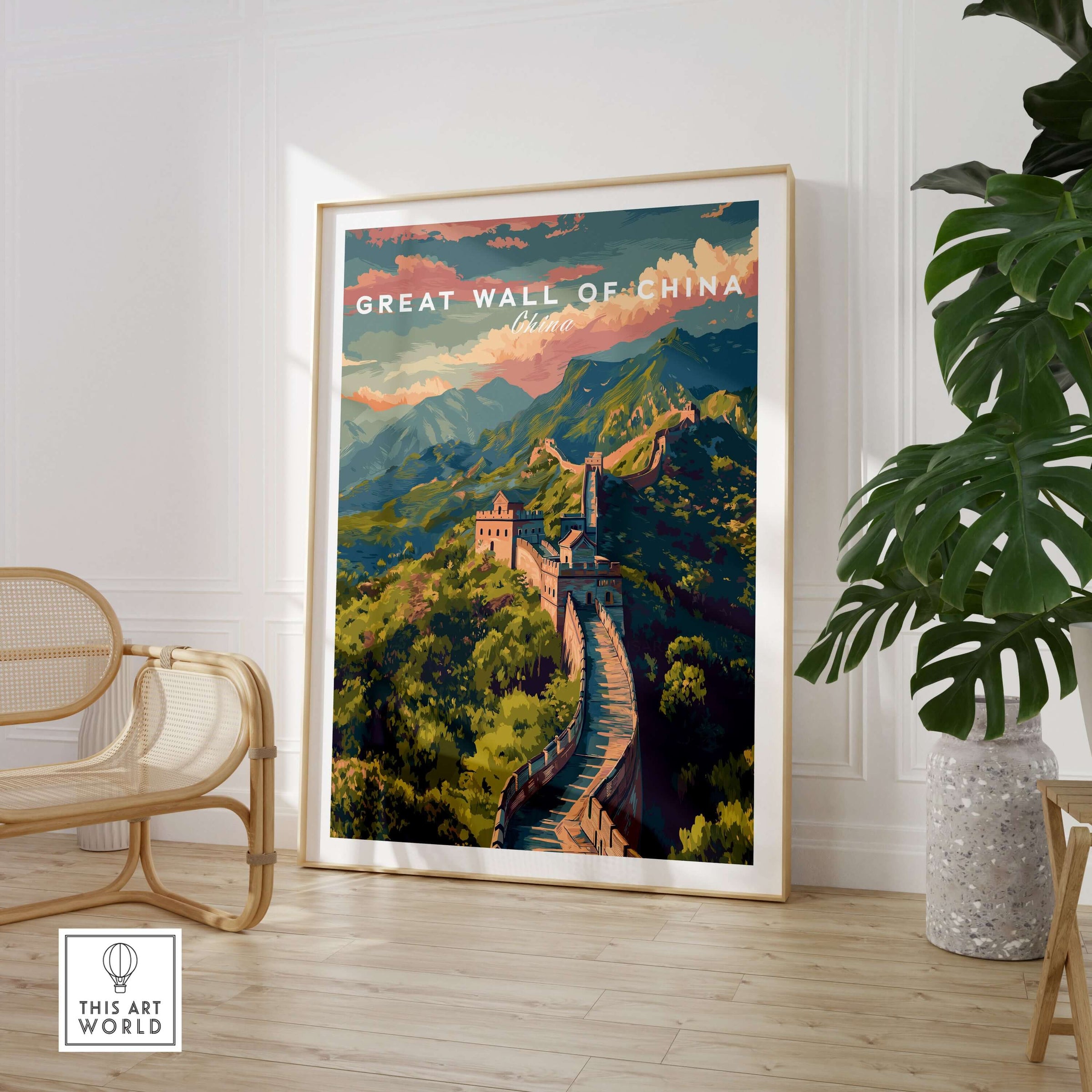 Great Wall of China Ancient Wonder Poster - China Heritage Art Print displayed in a stylish interior setting.