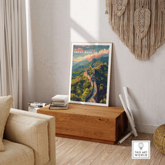 Great Wall of China Ancient Wonder Poster - China Heritage Art Print displayed in a cozy living room setting.
