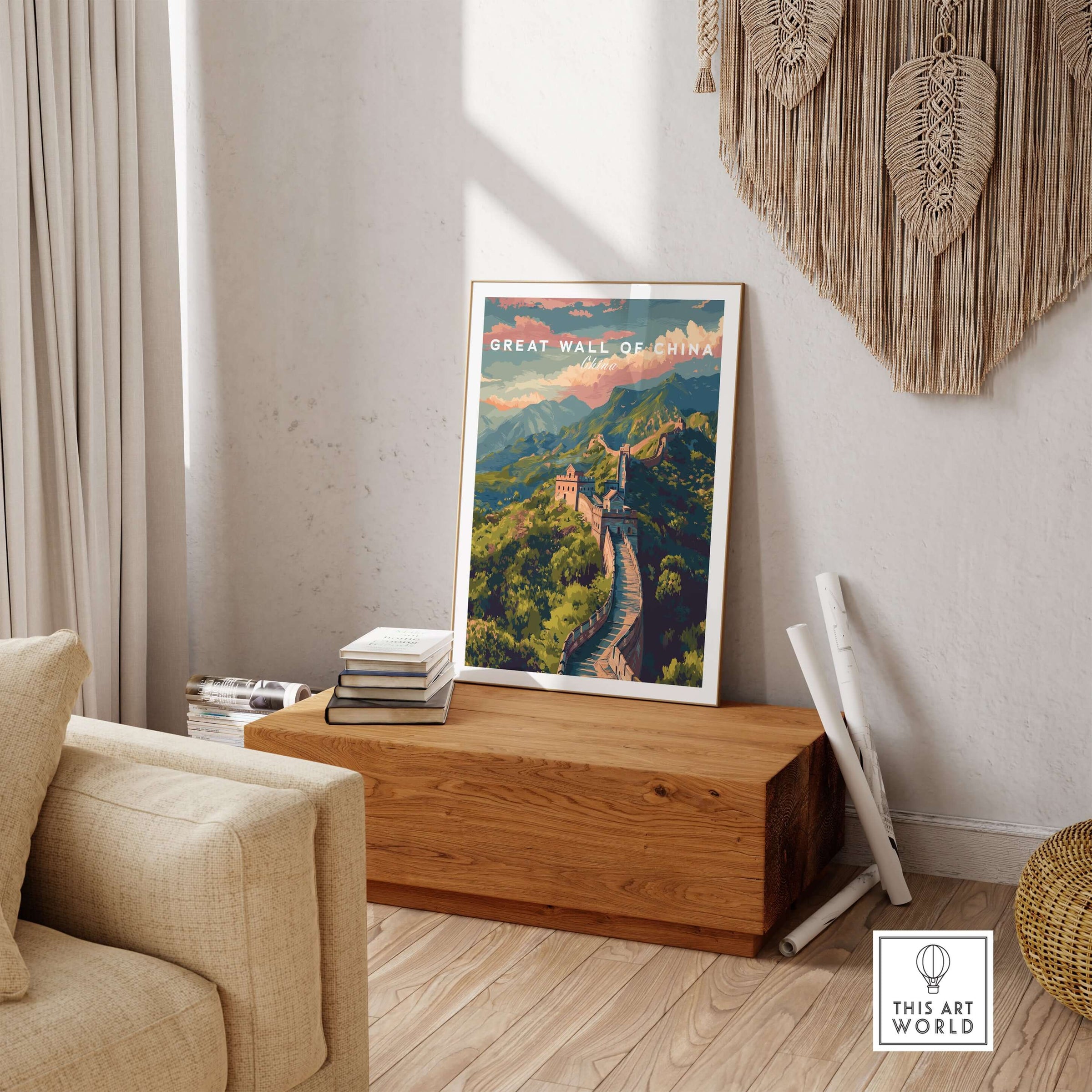 Great Wall of China Ancient Wonder Poster - China Heritage Art Print displayed in a cozy living room setting.