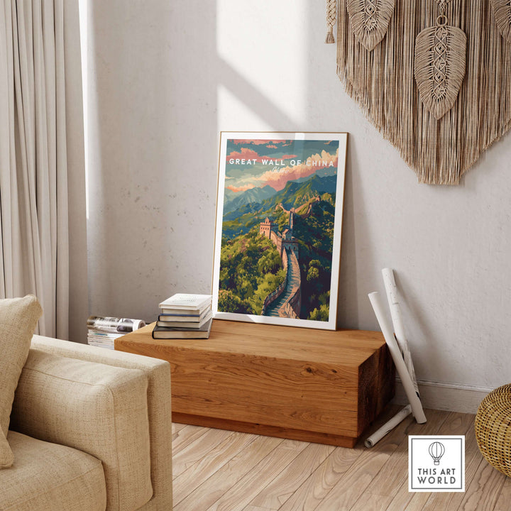 Great Wall of China poster displayed in a cozy room, showcasing ancient architecture and natural beauty.