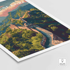Great Wall of China Ancient Wonder Poster - China Heritage Art Print showcasing majestic architecture amidst mountain ridges.