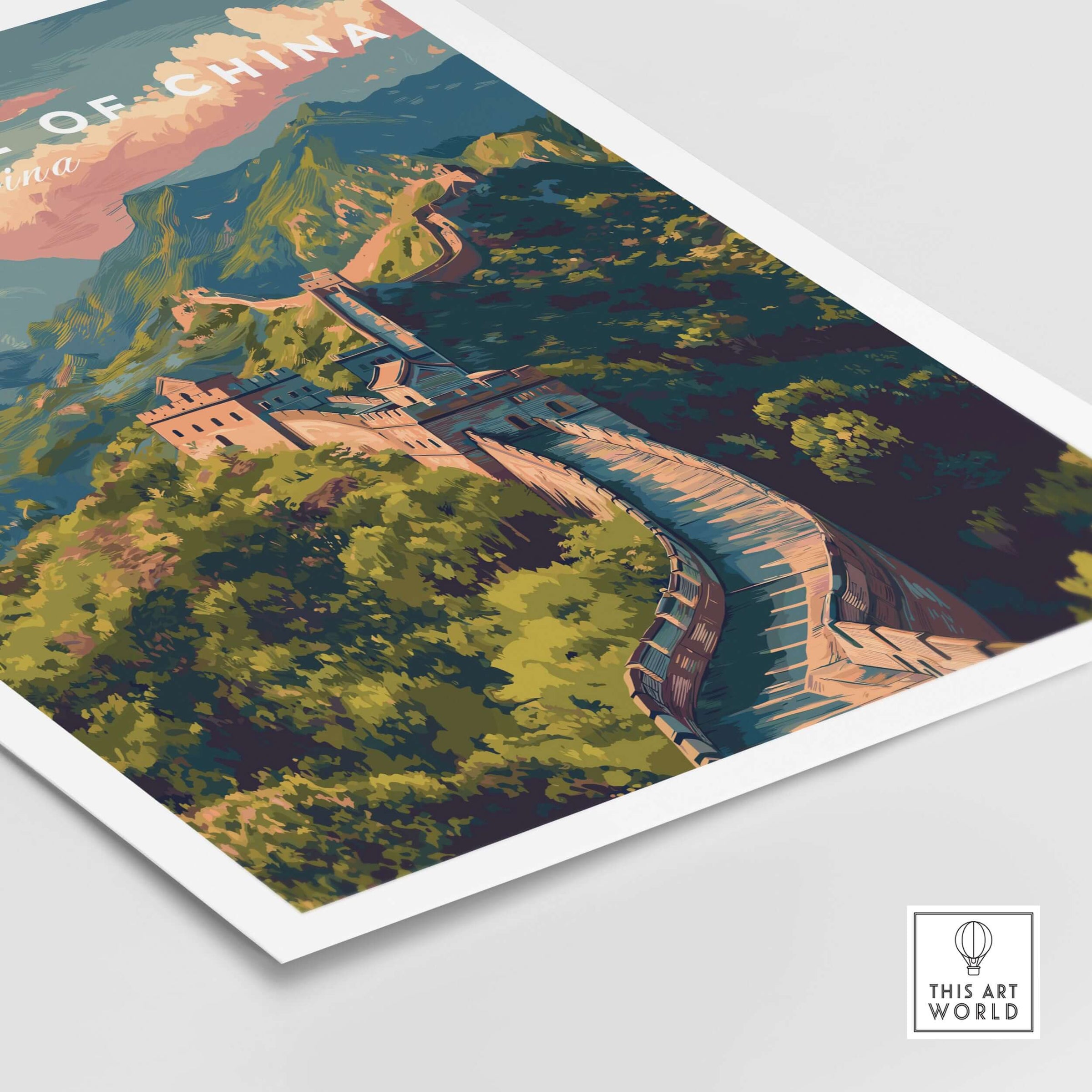 Great Wall of China Ancient Wonder Poster - China Heritage Art Print showcasing majestic architecture amidst mountain ridges.