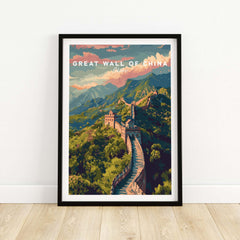 Great Wall of China Ancient Wonder Poster - China Heritage Art Print framed in a modern interior setting.