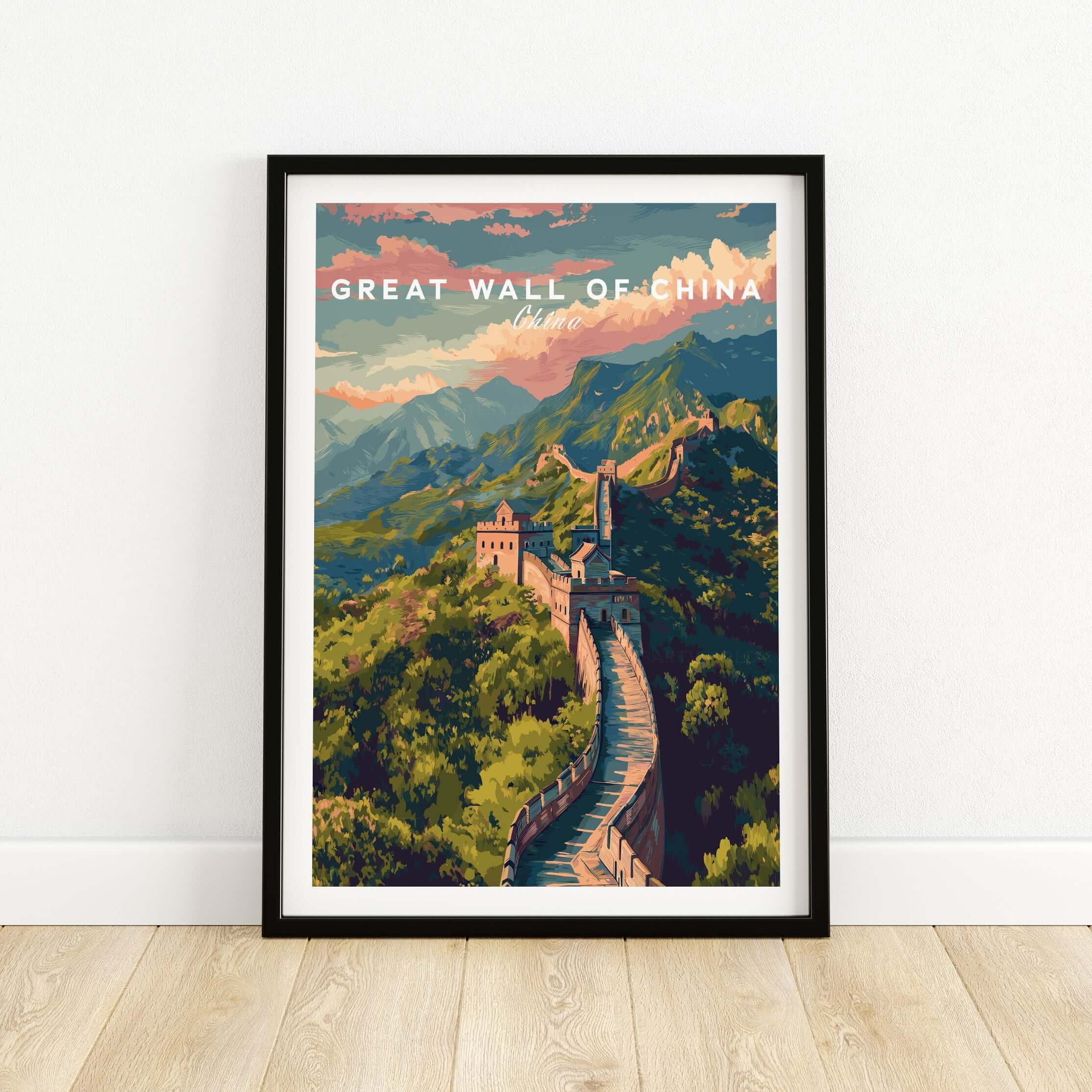 Great Wall of China Ancient Wonder Poster - China Heritage Art Print framed in a modern interior setting.