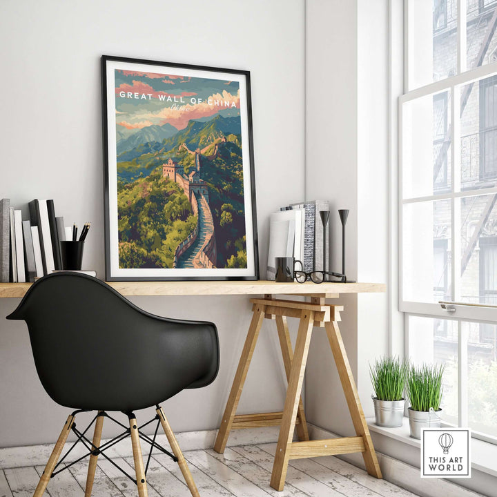Great Wall of China ancient wonder poster displayed in a stylish home office setting with modern decor.