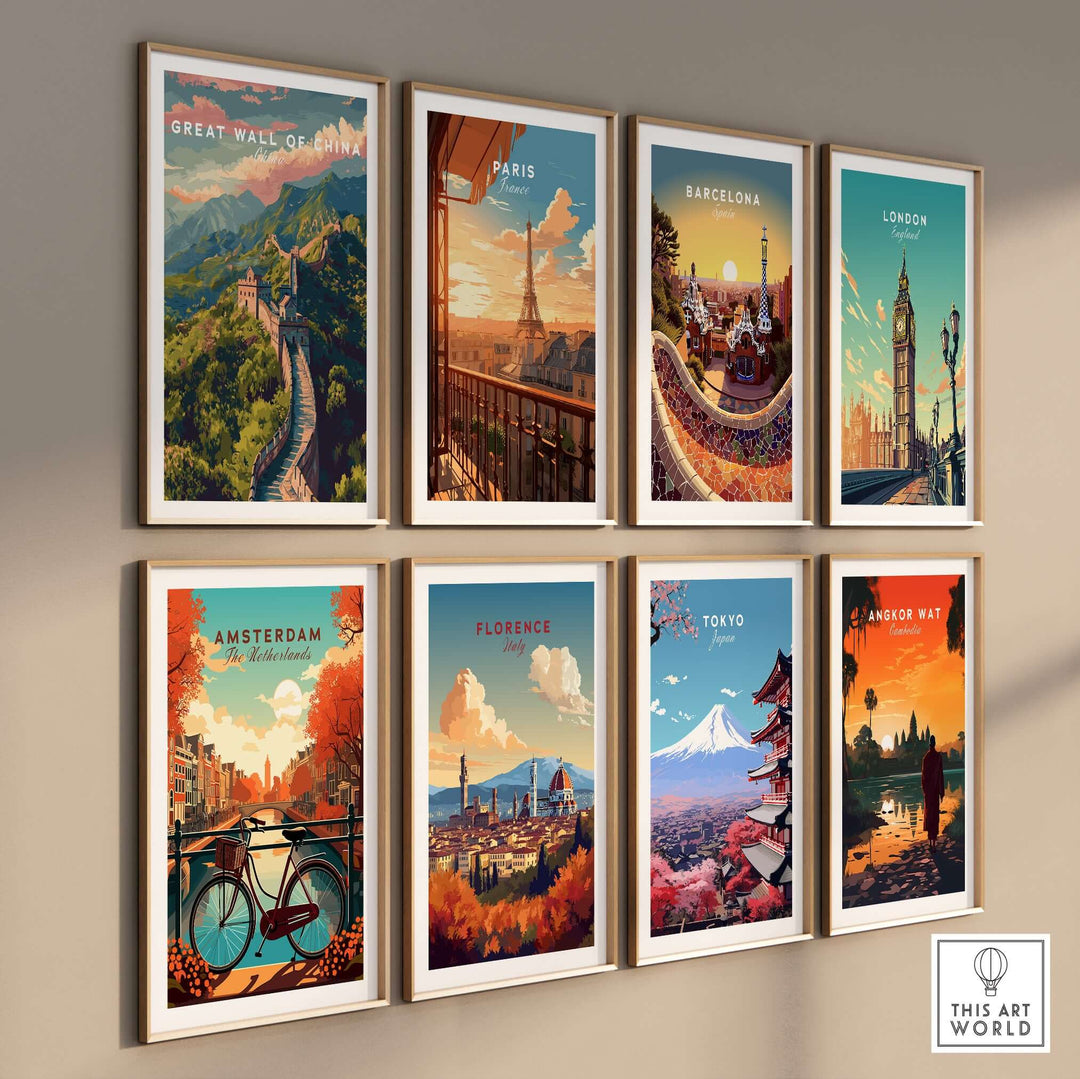 Stylish travel posters featuring the Great Wall of China, Paris, Barcelona, London, Amsterdam, Florence, Tokyo, and Angkor Wat.