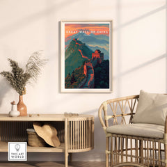 Great Wall of China Ridge Walk Poster - Majestic Asian Architecture Art framed on a wall above a stylish chair and decor.