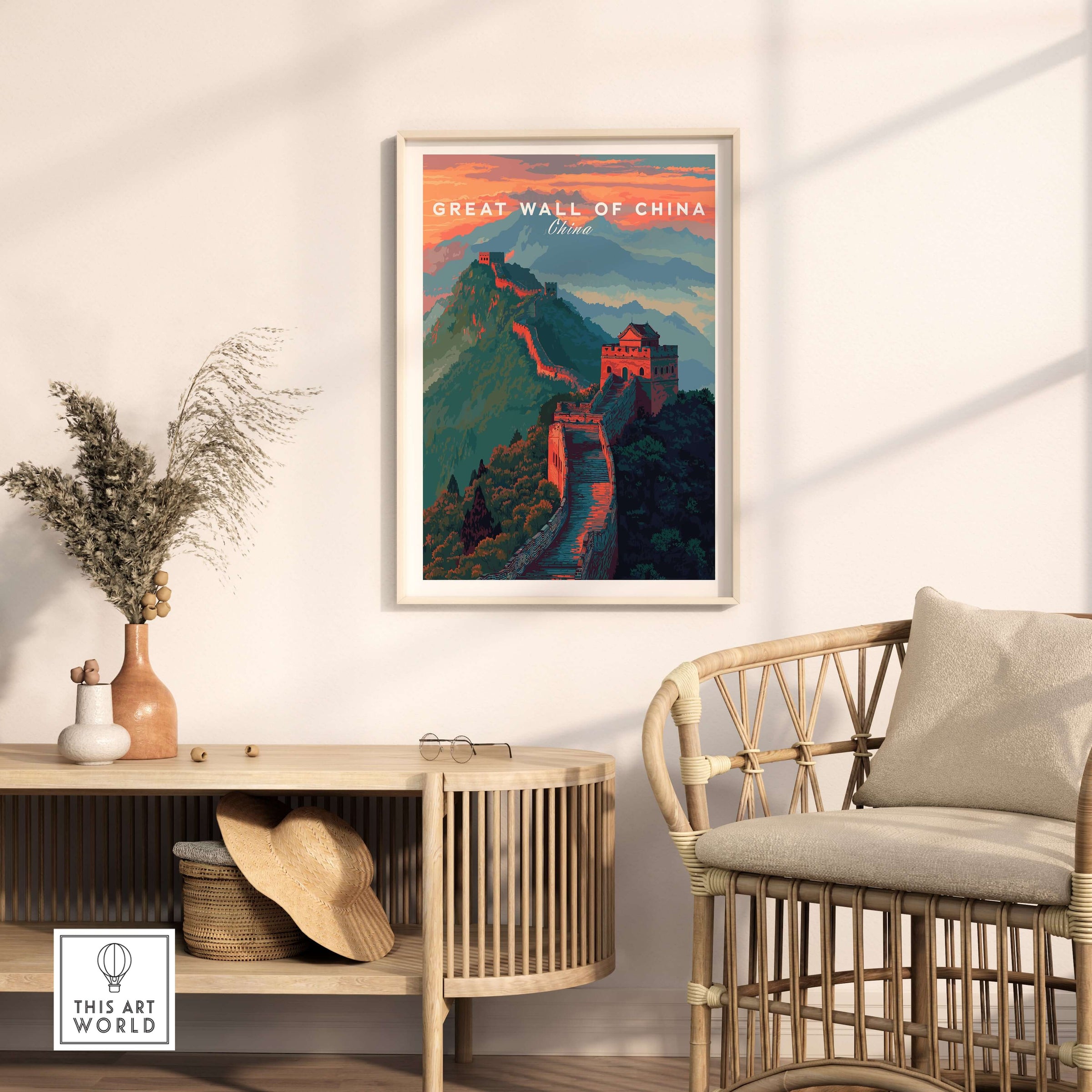 Great Wall of China Ridge Walk Poster - Majestic Asian Architecture Art framed on a wall above a stylish chair and decor.