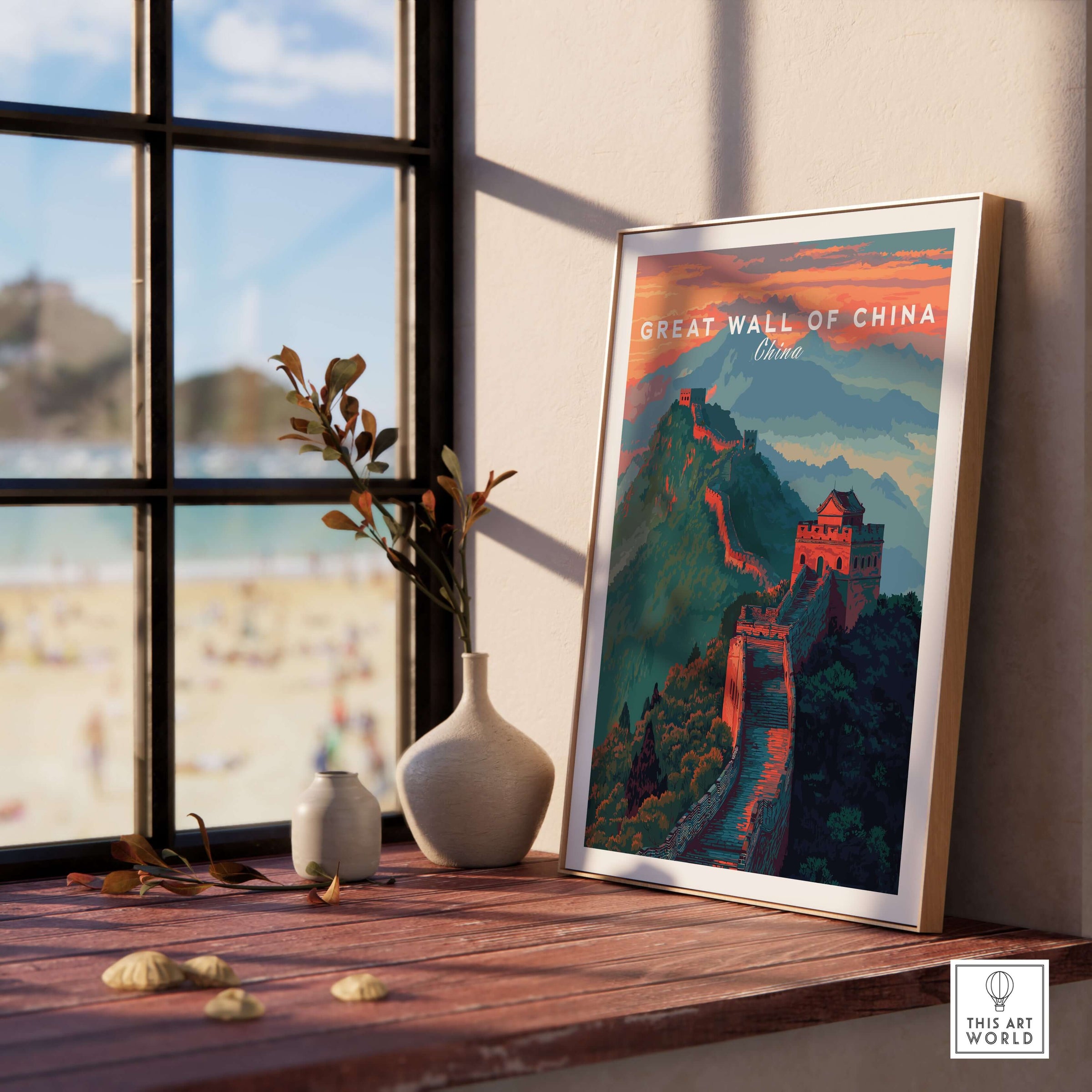 Great Wall of China Ridge Walk Poster - Majestic Asian Architecture Art displayed in a sunny room with beach view