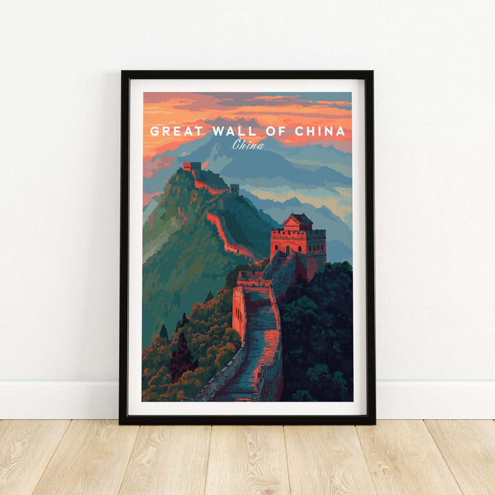 Great Wall of China poster showcasing majestic architecture against a sunset backdrop.