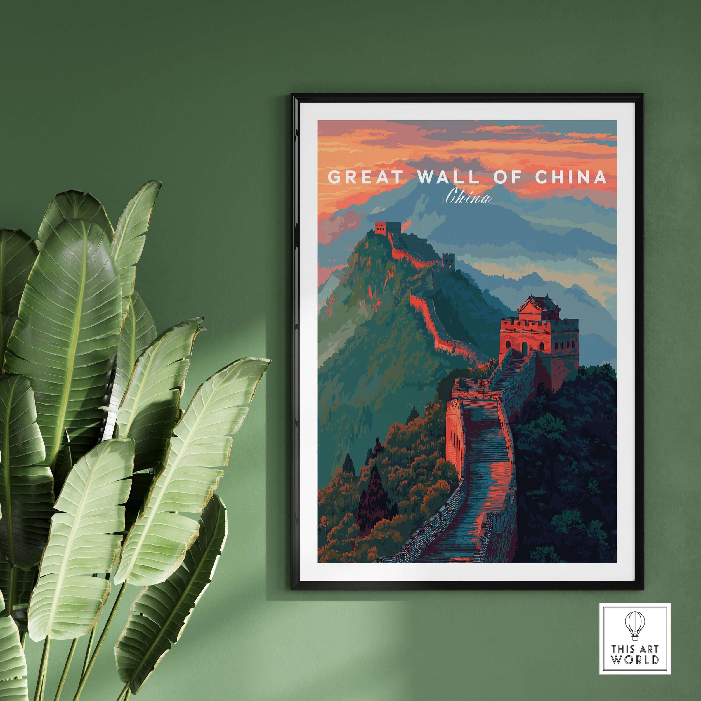 Great Wall of China Ridge Walk Poster - Majestic Asian Architecture Art displayed in modern interior with greenery.