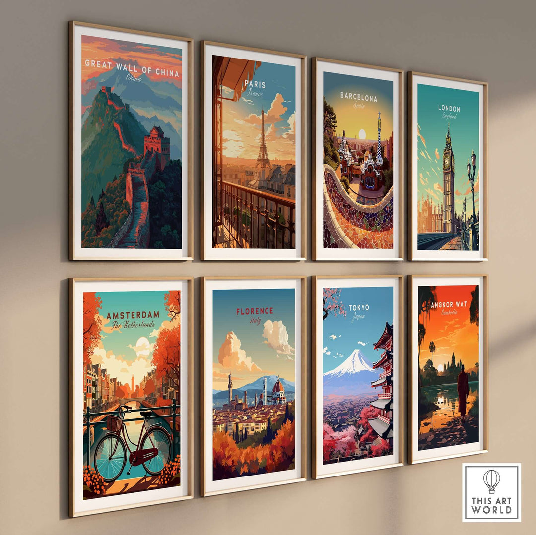 Art wall featuring travel posters: Great Wall of China, Paris, Barcelona, London, Amsterdam, Florence, Tokyo, Angkor Wat.