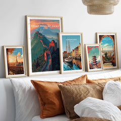 Great Wall of China Ridge Walk Poster - Majestic Asian Architecture Art displayed among various travel posters on a stylish bed.