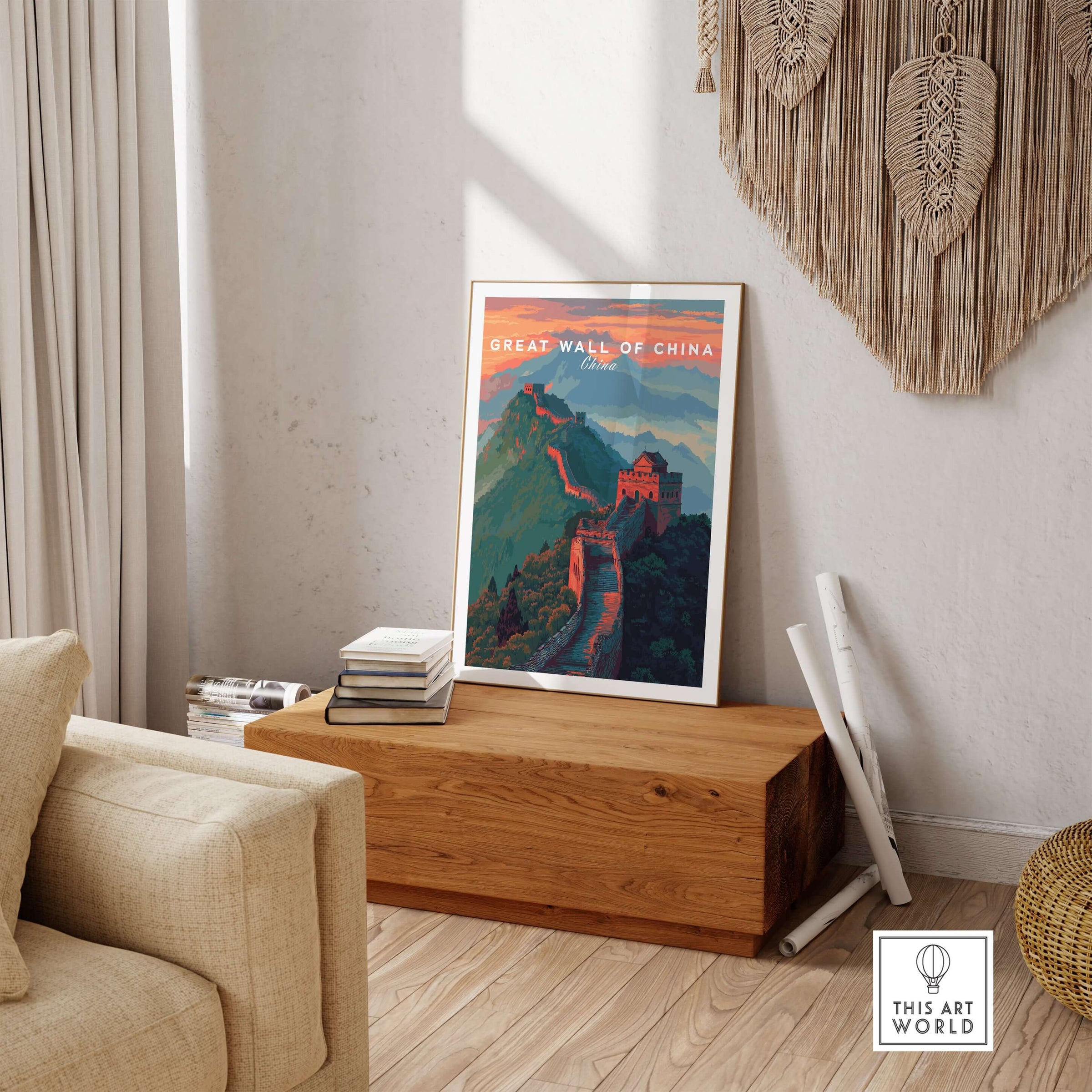 Great Wall of China Ridge Walk Poster - Majestic Asian Architecture Art displayed in a cozy living room setting.