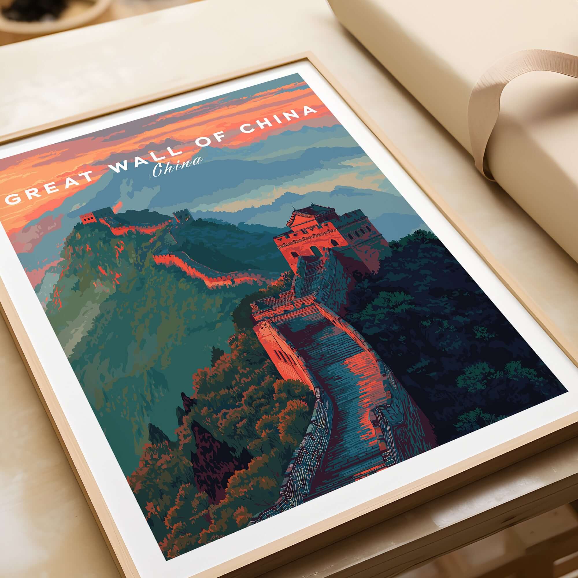 Great Wall of China Ridge Walk Poster - Majestic Asian Architecture Art showcasing the ancient structure over rugged mountains.