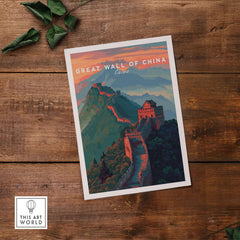Great Wall of China Ridge Walk Poster - Majestic Asian Architecture Art showcasing the Great Wall on a rustic wooden background.