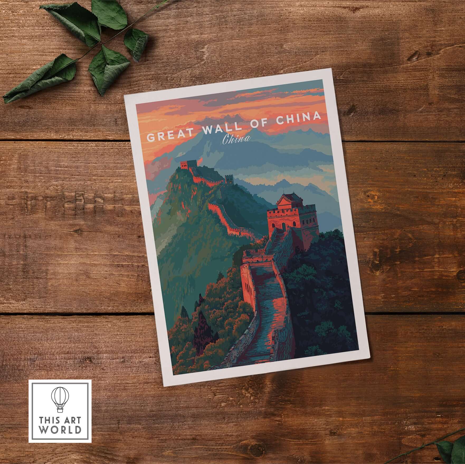 Great Wall of China Ridge Walk Poster - Majestic Asian Architecture Art showcasing the Great Wall on a rustic wooden background.