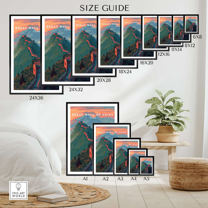 Size guide for Great Wall of China Ridge Walk Poster in various dimensions and frames.