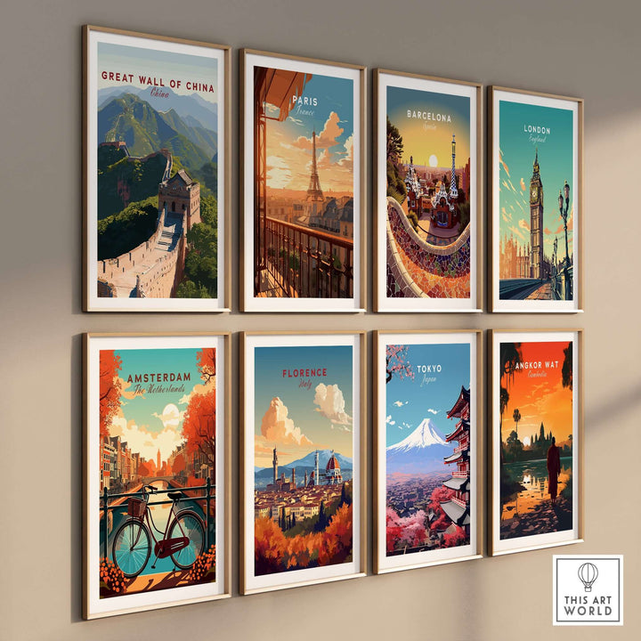 Collection of scenic travel posters featuring Great Wall of China, Paris, Barcelona, London, Amsterdam, Florence, Tokyo, and Angkor Wat.
