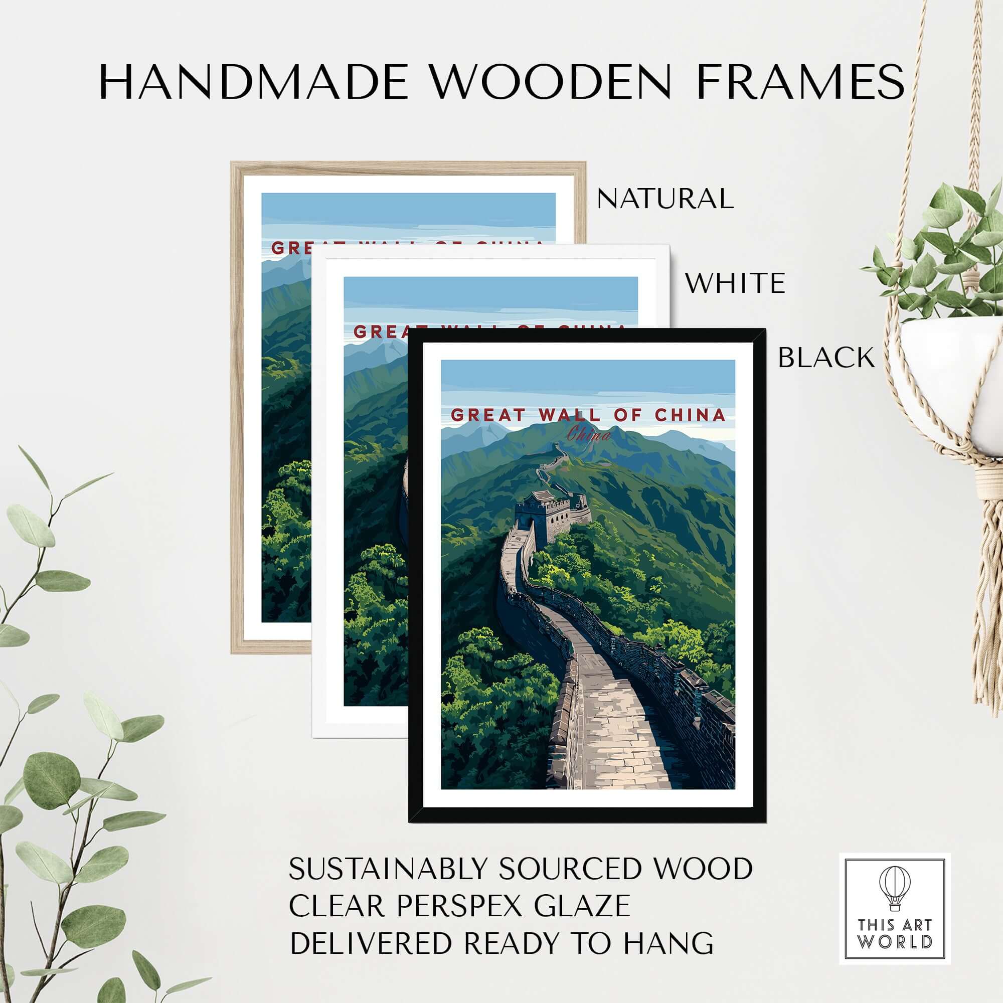 Handmade wooden frames for Great Wall of China Scenic View Poster - Historic Landmark Wall Art, available in natural, white, and black.