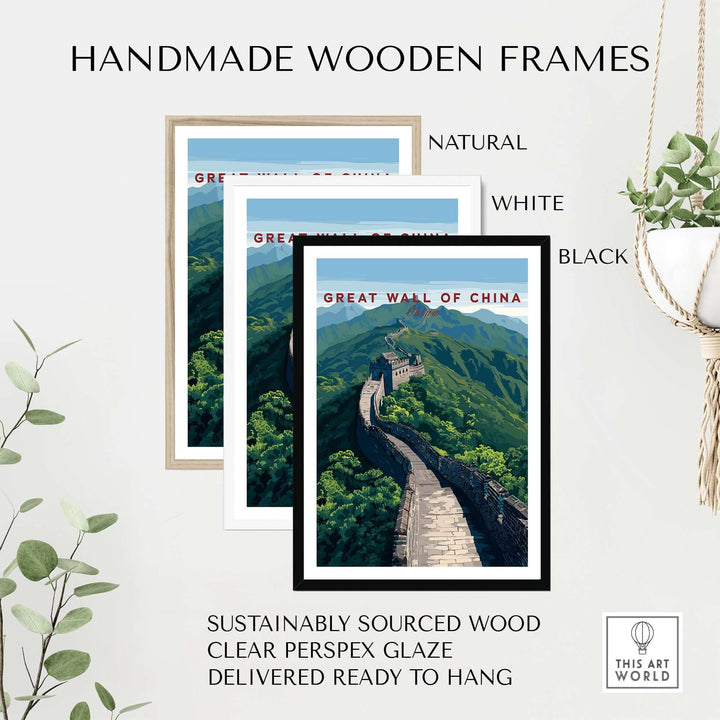 Handmade wooden frames in natural, white, and black for Great Wall of China scenic view poster wall art.