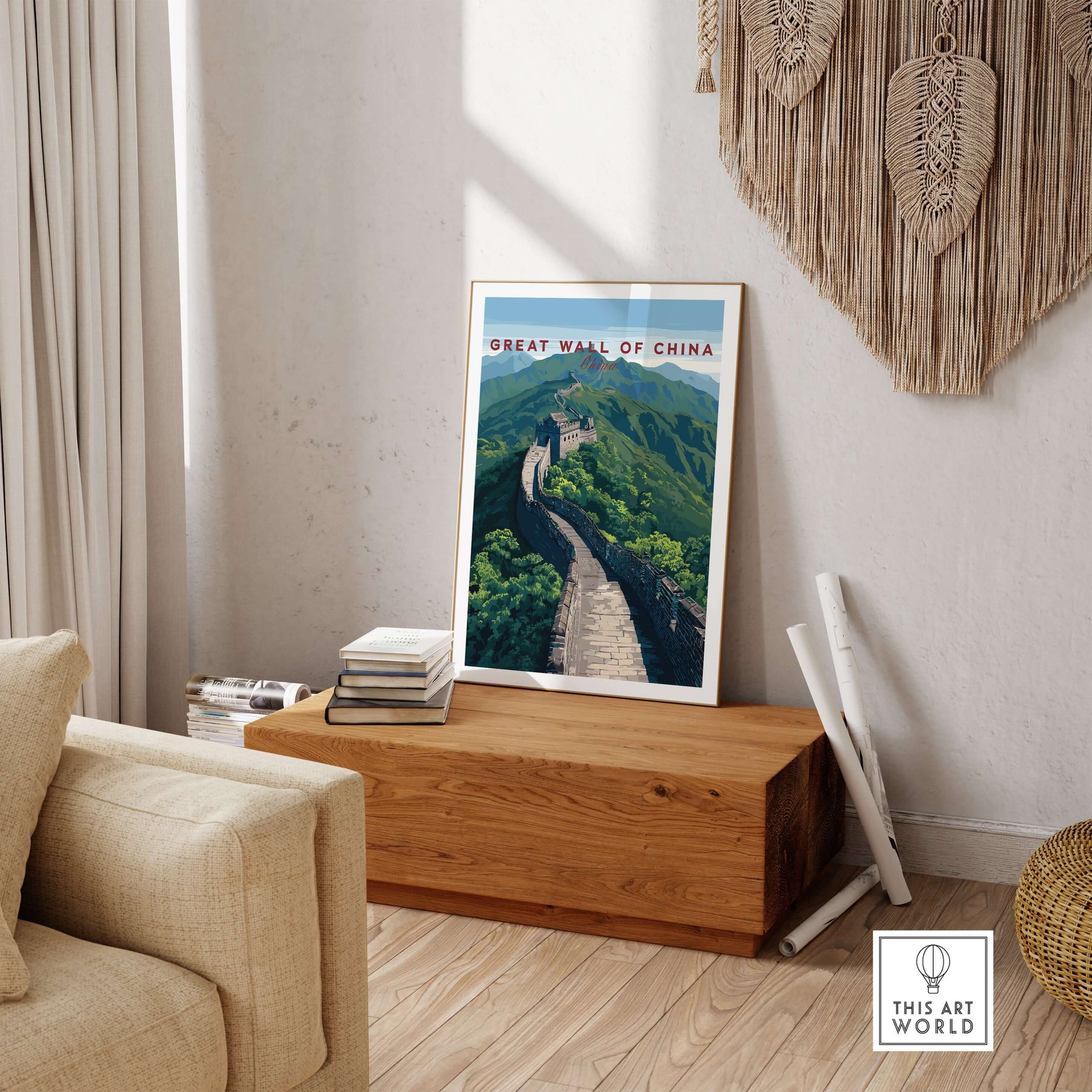 Great Wall of China Scenic View Poster - Historic Landmark Wall Art displayed in a cozy living room setting.
