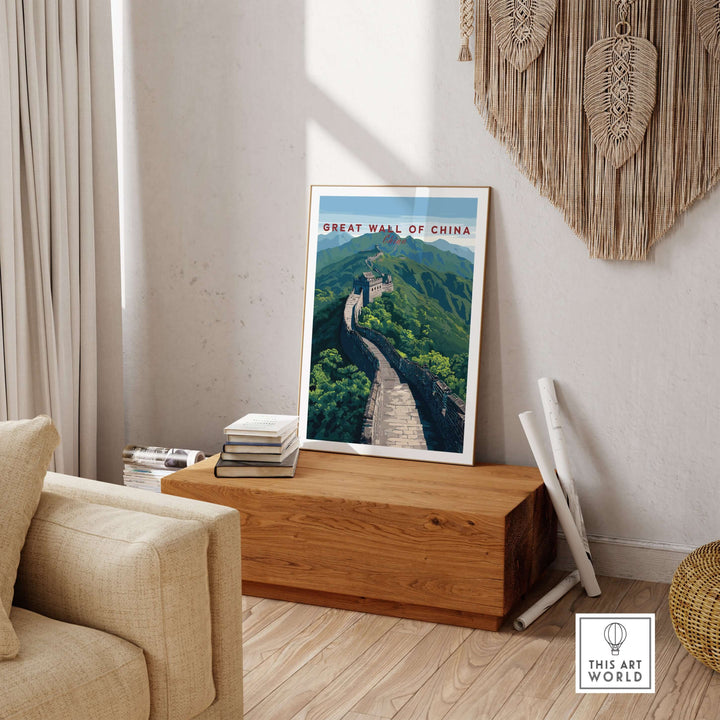 Great Wall of China scenic view poster displayed in a modern living room, showcasing historic landmark wall art.