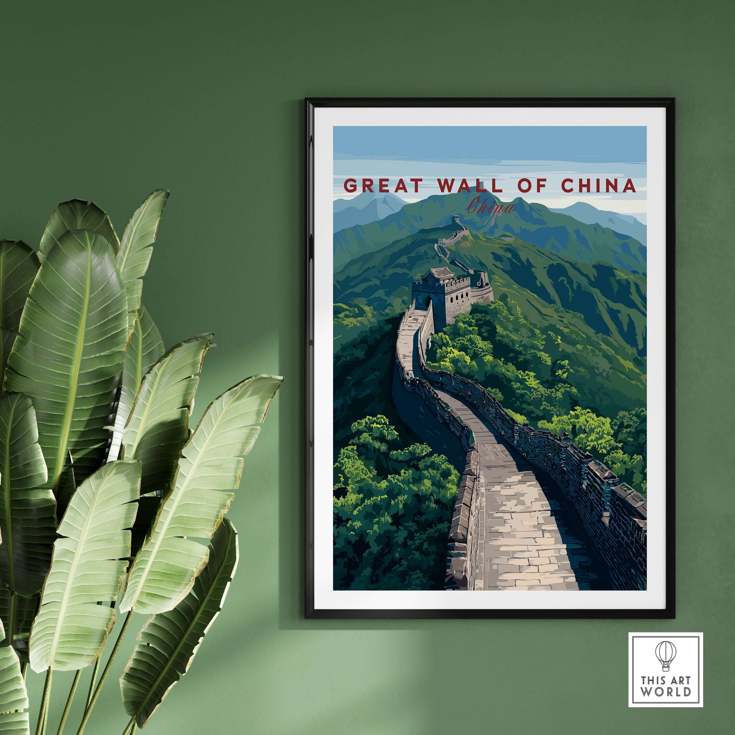 Great Wall of China Scenic View Poster - Historic Landmark Wall Art displayed in a stylish setting with plants.