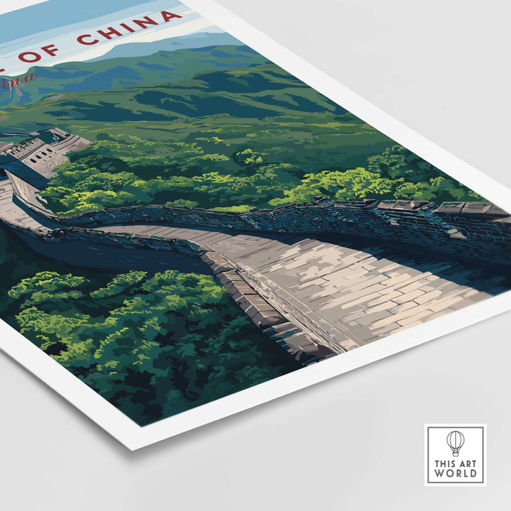 Great Wall of China scenic view poster showcasing historic landmark amidst vibrant green mountains.