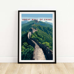 Great Wall of China Scenic View Poster - Historic Landmark Wall Art showcasing the iconic structure in lush mountain scenery.