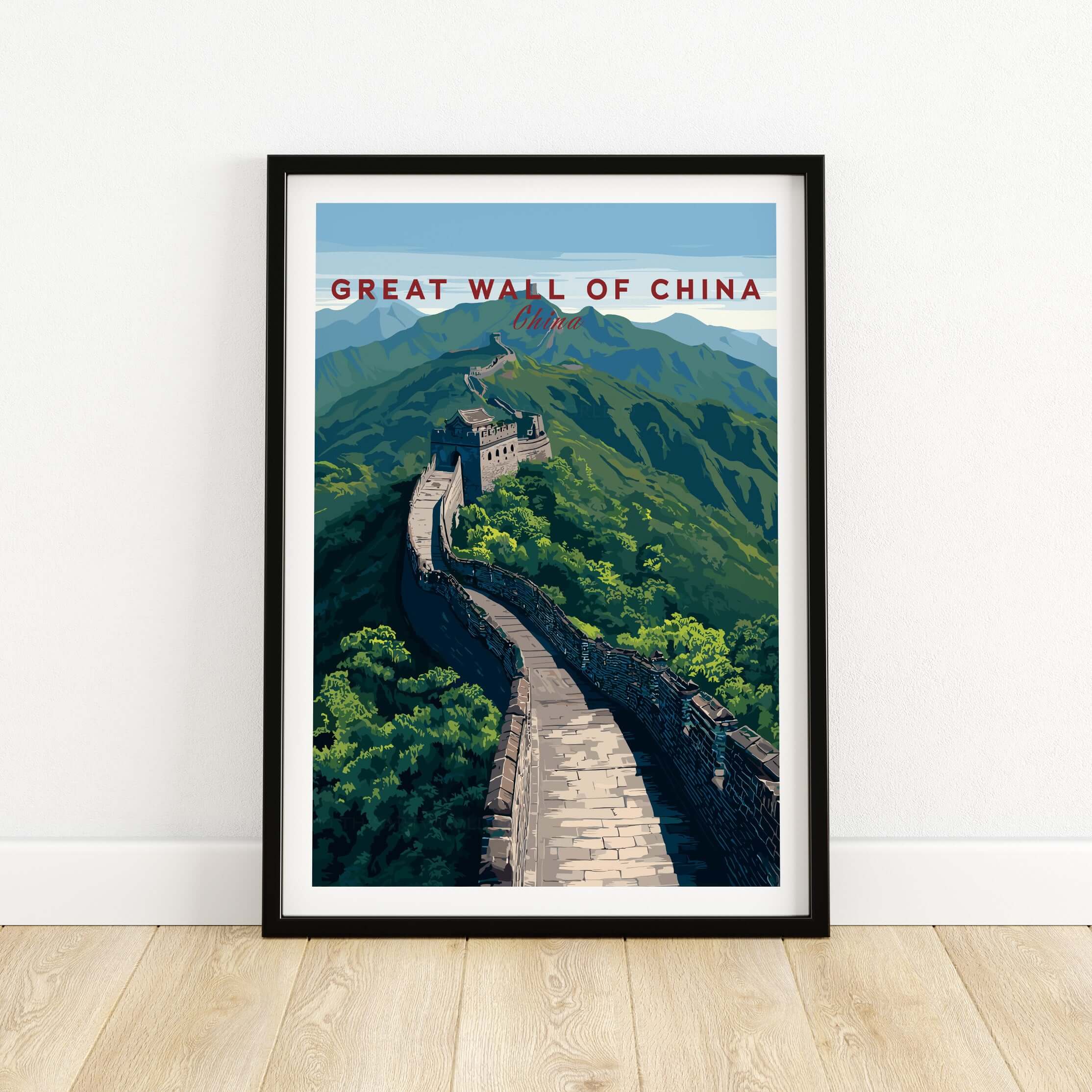 Great Wall of China Scenic View Poster - Historic Landmark Wall Art showcasing the iconic structure in lush mountain scenery.