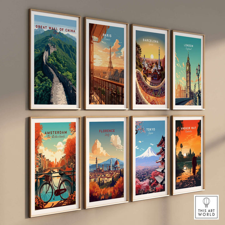 Gallery of travel posters including the Great Wall of China, Paris, Barcelona, London, and more in stylish frames.