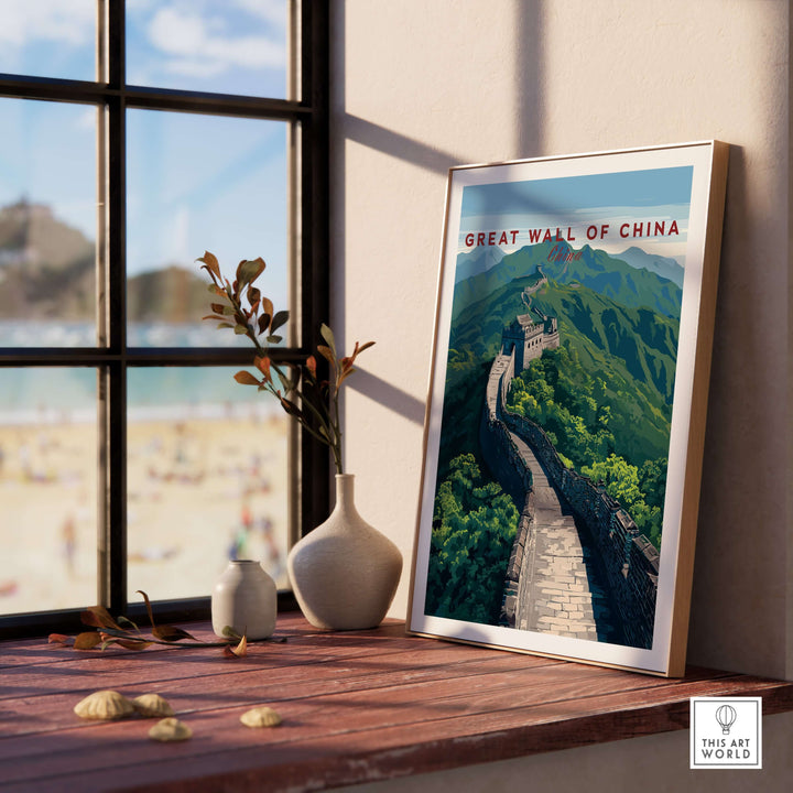 Great Wall of China scenic view poster framed on a table, showcasing the iconic landmark against a mountain backdrop.