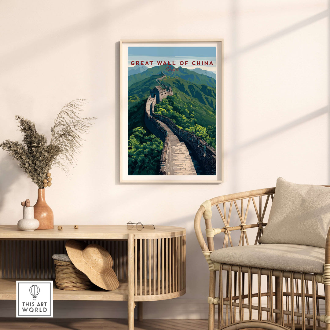 Great Wall of China scenic view poster displayed in a stylish living room setting, showcasing historic wall art.