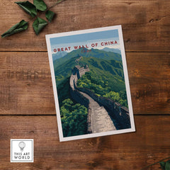 Great Wall of China Scenic View Poster - Historic Landmark Wall Art displayed on a rustic wooden surface.