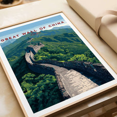 Great Wall of China Scenic View Poster - Historic Landmark Wall Art showcasing the majestic Great Wall in lush mountains.