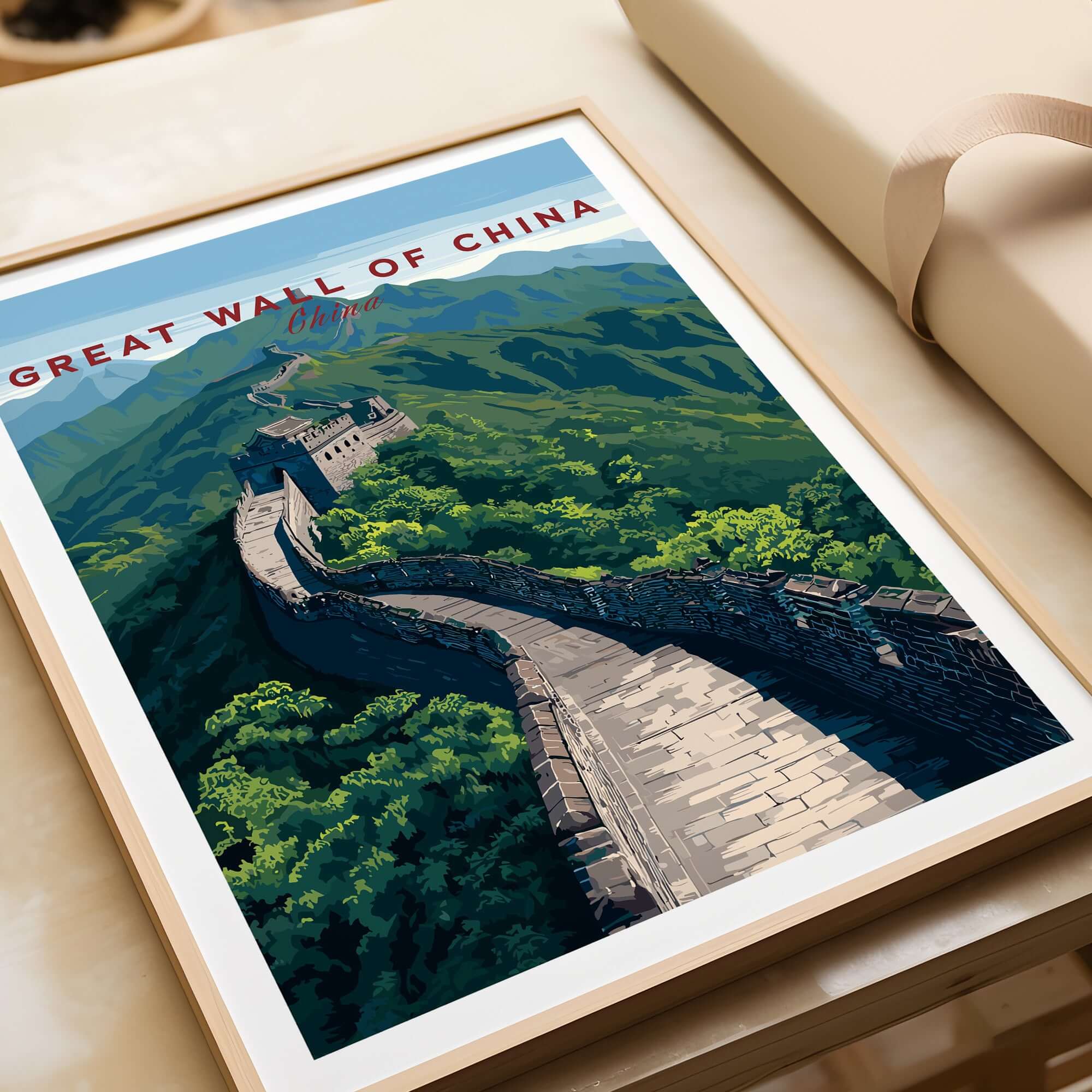 Great Wall of China Scenic View Poster - Historic Landmark Wall Art showcasing the majestic Great Wall in lush mountains.