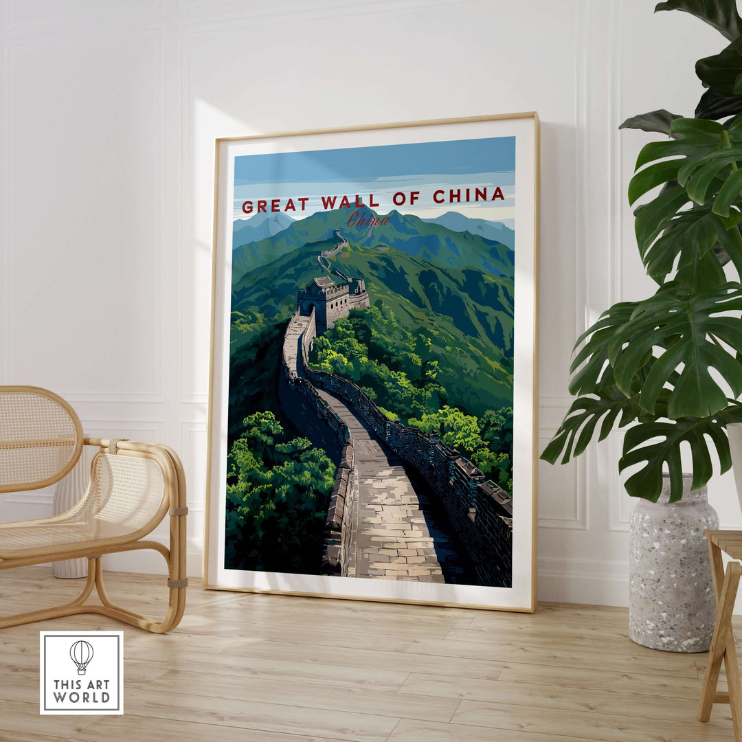Great Wall of China poster showing the iconic structure amidst lush mountains, framed and displayed in a modern room.