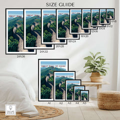 Great Wall of China Scenic View Poster - Historic Landmark Wall Art size guide showcasing various frame options.