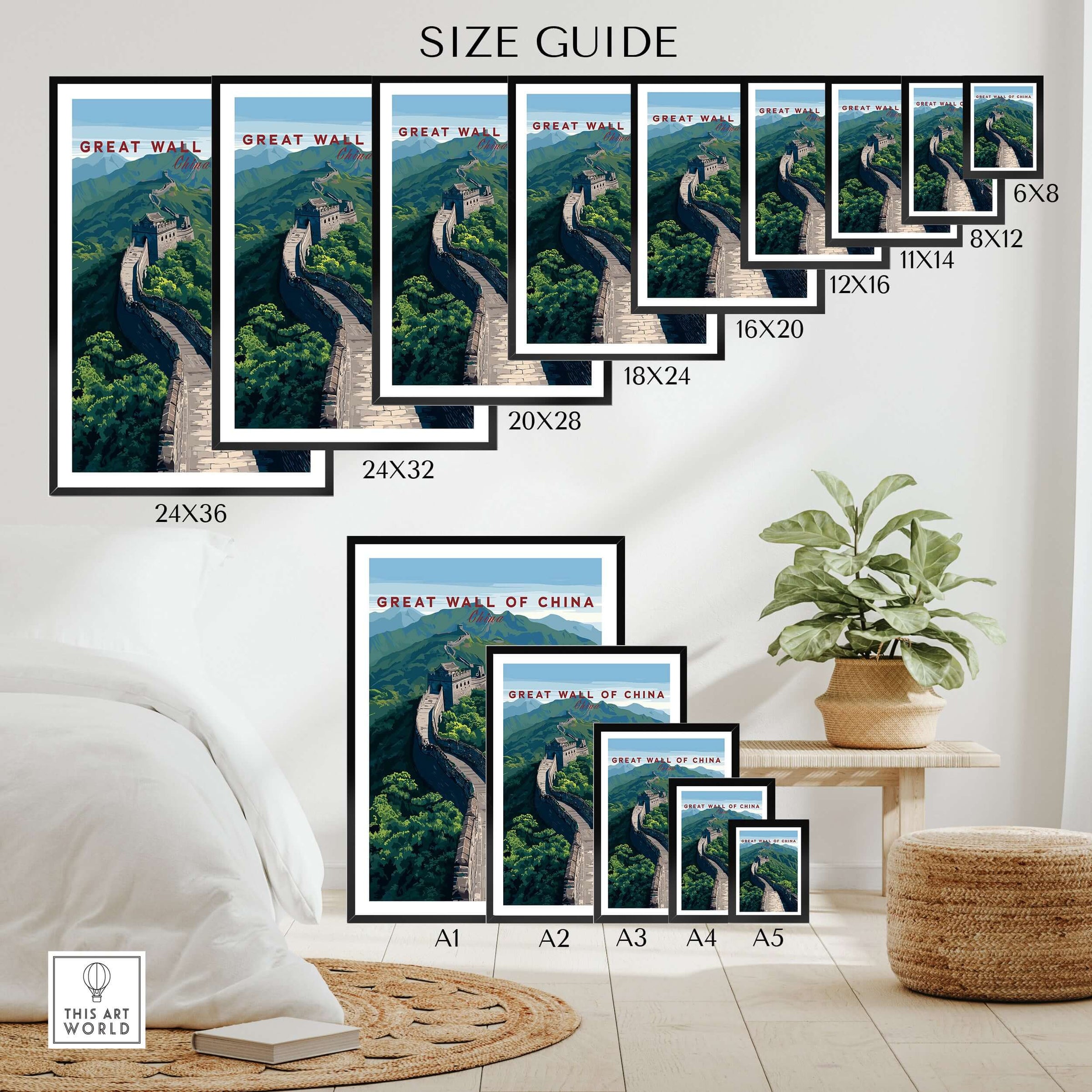 Great Wall of China Scenic View Poster - Historic Landmark Wall Art size guide showcasing various frame options.