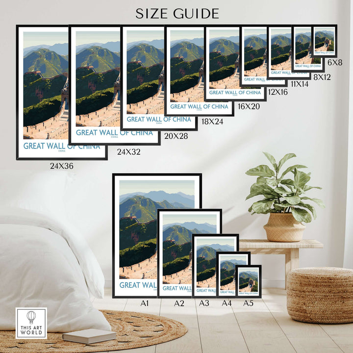 Size guide for The Great Wall of China wall art prints showcasing various dimensions and placements.