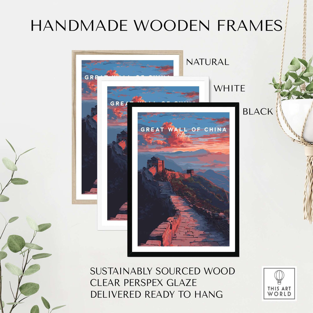 Handmade wooden frames in natural, white, and black for Great Wall of China sunset poster, ready to hang.