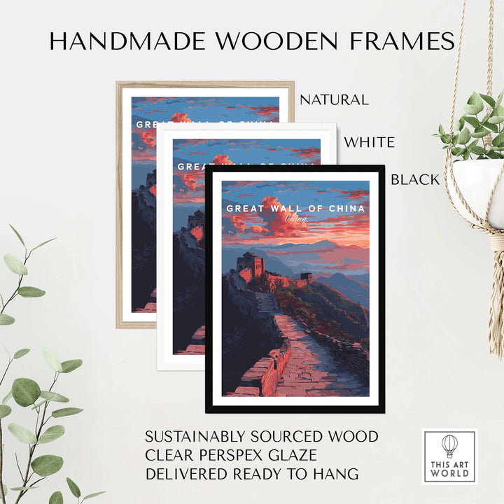 Handmade wooden frames in natural, white, and black for Great Wall of China sunset poster, ready to hang.